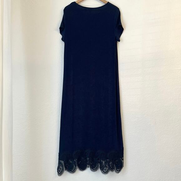 Chicos Travelers Midi Dress 2 Large Slinky Stretch Knit Lace Trim Navy Cruise - Picture 6 of 12